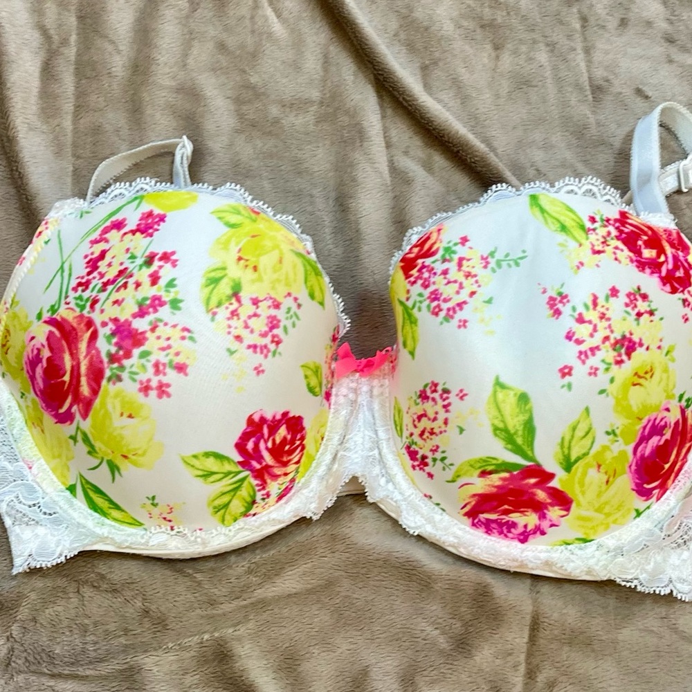 VICTORIA SECRET Dream Angles Bra Sexy Retro  Floral 34 DD | WHITE, PINK & YELLOW